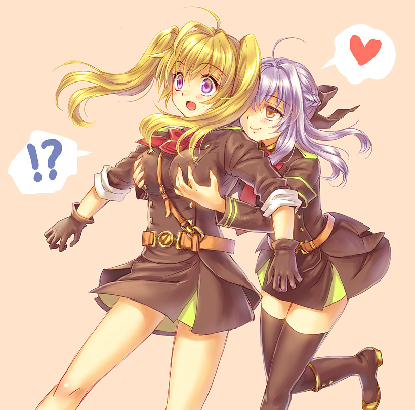 black_footwear blonde_hair blush boots breast_grab breasts brown_eyes gloves grabbing grabbing_from_behind groping hiiragi_shinoa knee_boots leg_up long_hair mashuu miniskirt multiple_girls open_mouth owari_no_seraph purple_eyes purple_hair ribbon sanguu_mitsuba school_uniform skirt sleeves_rolled_up smile thighhighs twintails yuri