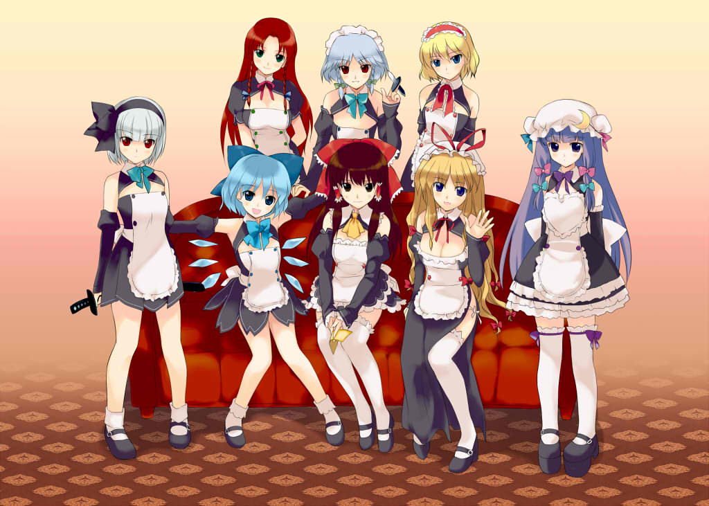 alice_margatroid amagami amane_(dream_c_club) amane_(dream_c_club)_(cosplay) apron blonde_hair blue_hair bow brown_hair cirno cosplay dream_c_club dream_c_club_(series) futaba_riho futaba_riho_(cosplay) grey_hair hakurei_reimu hat hong_meiling ili_(dream_c_club) ili_(dream_c_club)_(cosplay) izayoi_sakuya jpeg_artifacts konpaku_youmu mari_(dream_c_club) mari_(dream_c_club)_(cosplay) mian_(dream_c_club) mian_(dream_c_club)_(cosplay) mio_(dream_c_club) mio_(dream_c_club)_(cosplay) multiple_girls nao_(dream_c_club) nao_(dream_c_club)_(cosplay) patchouli_knowledge purple_hair rei_(rei's_room) setsu_(dream_c_club) setsu_(dream_c_club)_(cosplay) sitting thighhighs touhou yakumo_yukari