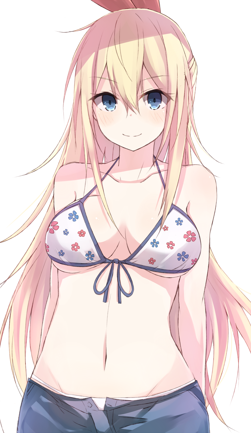 arms_behind_back bad_id bad_pixiv_id bikini_top blonde_hair blue_eyes blush breasts collarbone floral_print front-tie_top highres kirisaki_chitoge kurebayashi_noe large_breasts long_hair looking_at_viewer navel nisekoi open_clothes open_shorts shorts smile solo stomach swimsuit underboob