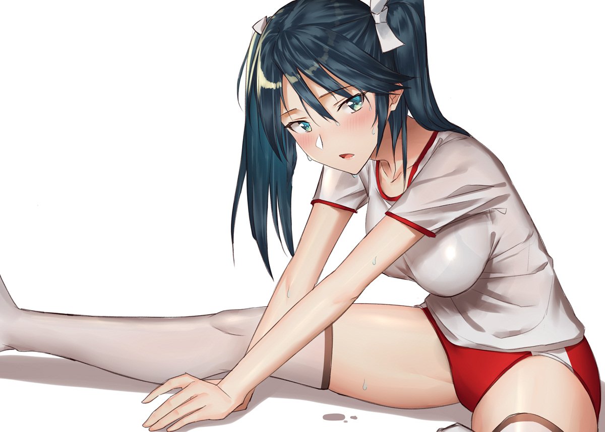 1girl blue_eyes blue_hair blush breasts eyebrows_visible_through_hair hair_between_eyes hair_ribbon isuzu_(kantai_collection) kantai_collection large_breasts long_hair looking_at_viewer open_mouth pallad ribbon shirt simple_background sitting solo split sportswear sweatdrop twintails white_background white_ribbon white_shirt