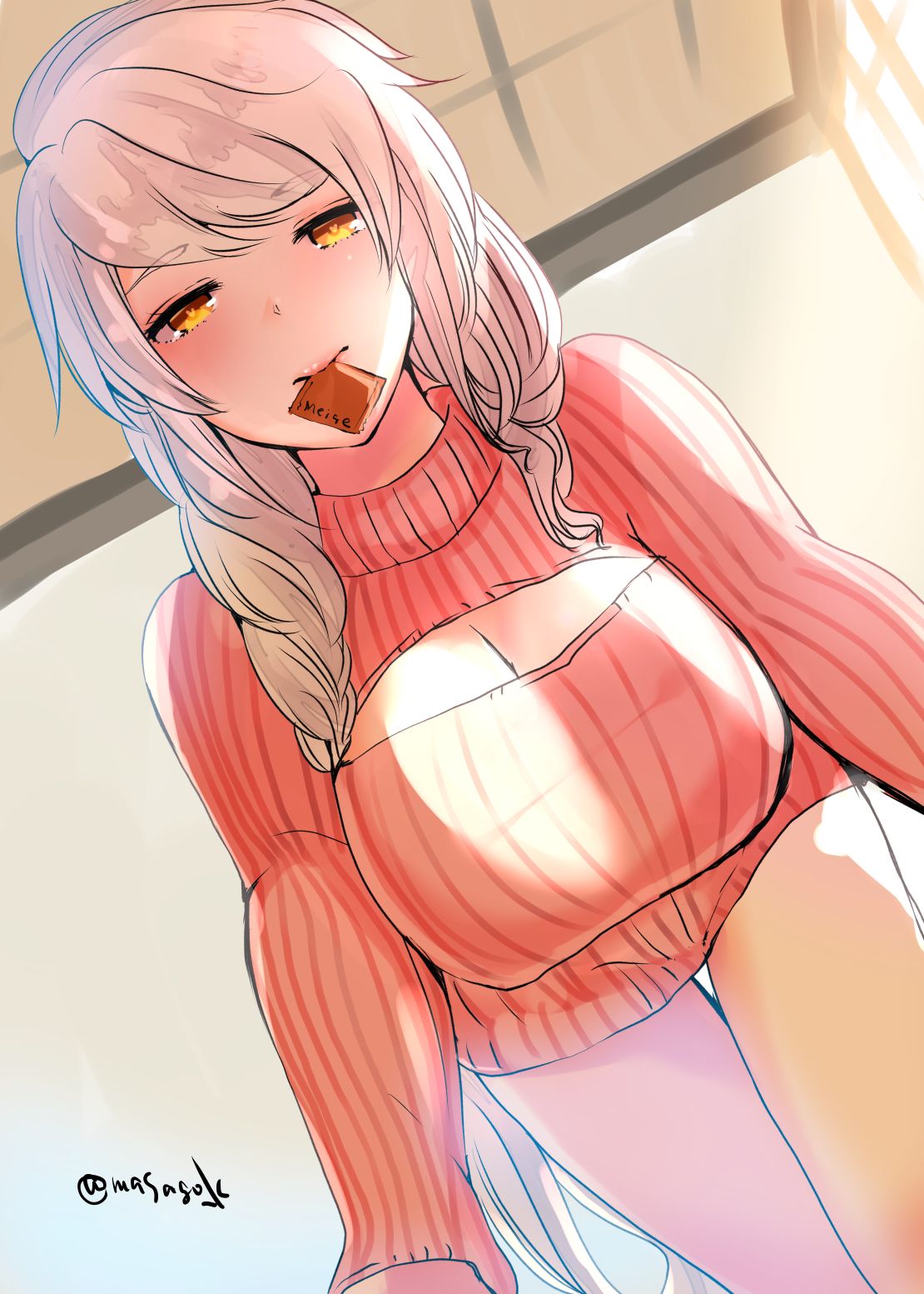 1girl alternate_costume alternate_hairstyle breasts brown_eyes cleavage condom condom_in_mouth eyebrows_visible_through_hair highres kantai_collection long_hair looking_at_viewer masago_(rm-rf) meme_attire mouth_hold open-chest_sweater red_sweater ribbed_sweater silver_hair solo sweater twitter_username unryuu_(kantai_collection) very_long_hair