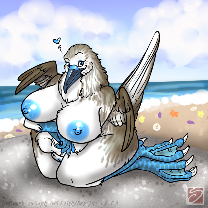 &lt;3 anthro avian beach big_breasts blue_eyes booby breasts chubby feathers female kneeling looking_at_viewer nude pussy saphine seaside solo webbed_feet wings