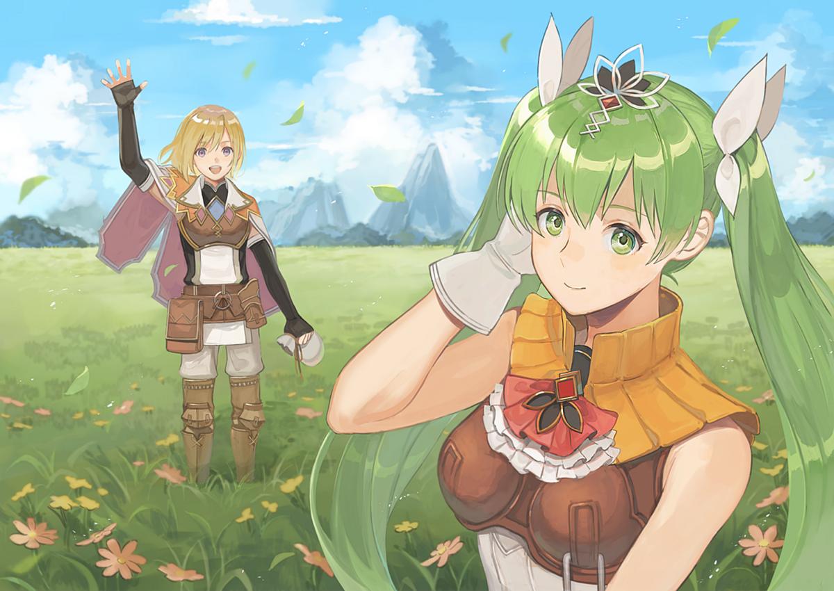1boy 1girl arm_up black_gloves blonde_hair blue_sky cape closed_mouth cloud cravat day elbow_gloves fingerless_gloves flower frey_(rune_factory) gloves grass green_eyes green_hair hair_ornament kyufe leaf lest_(rune_factory) long_hair mountain open_mouth outdoors pouch purple_eyes rune_factory rune_factory_4 sky sleeveless smile standing twintails white_gloves