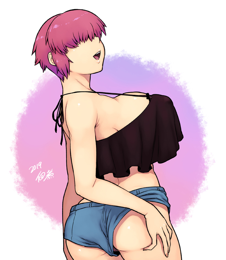 1girl ass bare_shoulders breasts covered_eyes crop_top dated erect_nipples large_breasts no_panties open_mouth original pink_hair short_hair shorts sideboob signature smile tsukudani_(coke-buta)