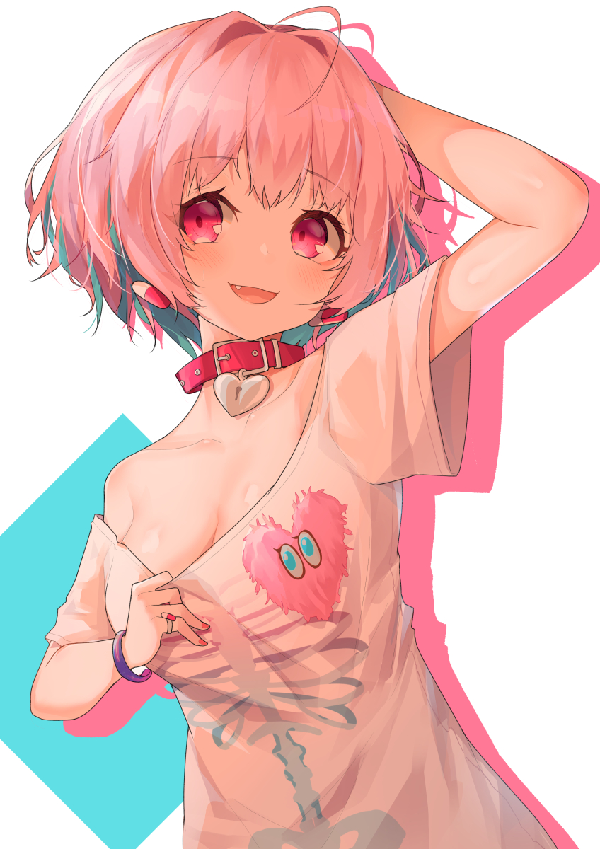1girl :d ahoge arm_up blue_hair blush breasts cleavage collar collarbone colored_shadow drop_shadow earrings fang heart heart_collar highres idolmaster idolmaster_cinderella_girls jewelry keyhole looking_at_viewer medium_breasts multicolored_hair open_mouth pill_earrings pink_hair red_collar red_eyes shadow shirt short_sleeves skeleton_print smile solo t-shirt two-tone_hair upper_body w.k white_shirt yumemi_riamu