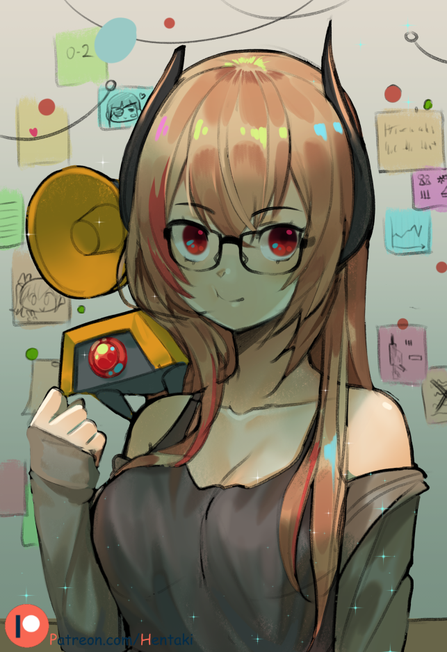 1girl bare_shoulders black-framed_eyewear black_shirt breasts brown_hair cleavage closed_mouth collarbone dinergate_(girls_frontline) girls_frontline glasses hand_up headgear hentaki jacket large_breasts long_hair long_sleeves looking_at_viewer m4_sopmod_ii_(girls_frontline) multicolored_hair off_shoulder open_clothes open_jacket patreon_username red_eyes red_hair shirt sleeveless sleeveless_shirt sleeves_past_wrists smile solo sparkle sticky_note streaked_hair upper_body