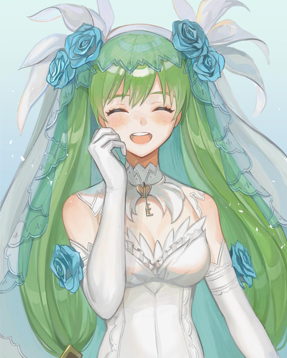 1girl blue_flower blush breasts cleavage detached_collar dress elbow_gloves eyes_closed flower frey_(rune_factory) gloves green_hair highres key kyufe long_hair medium_breasts open_mouth rune_factory rune_factory_4 simple_background solo strapless strapless_dress twintails upper_body veil wedding_dress white_dress white_gloves