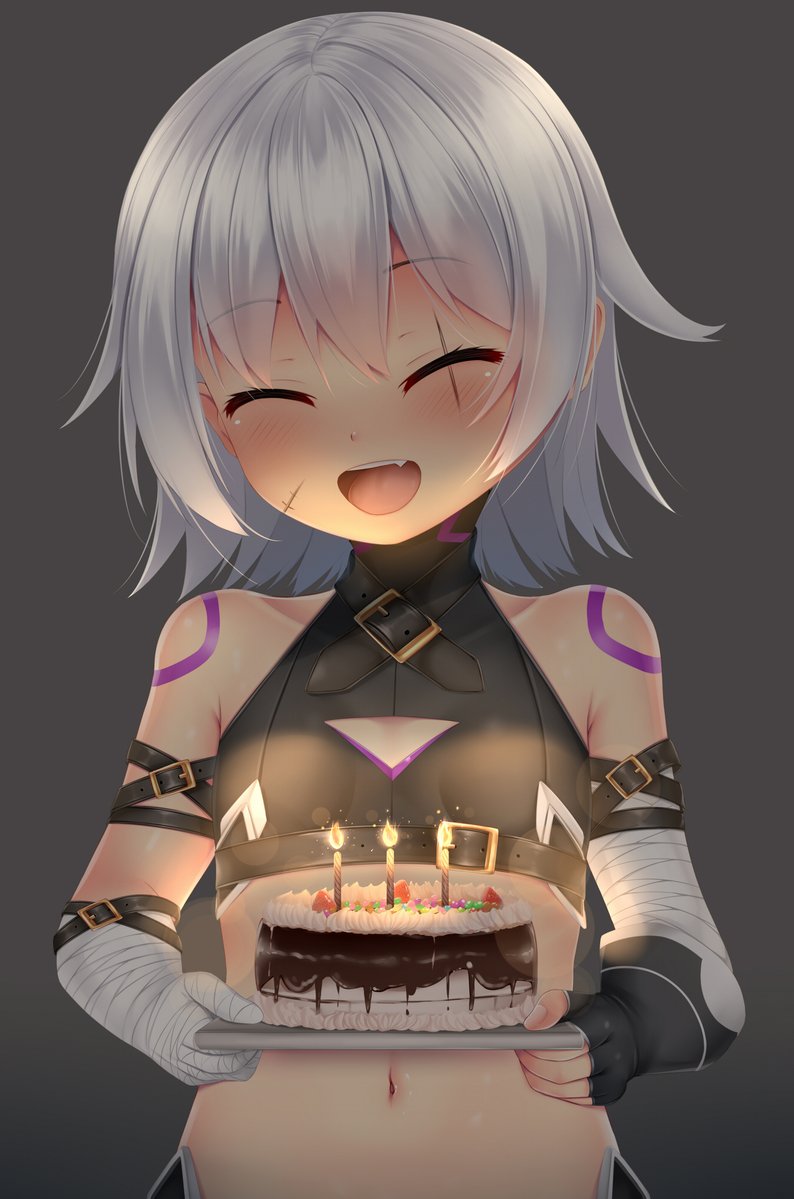1girl :d ^_^ bandage bandaged_arm bandages bangs bare_shoulders birthday_cake black_gloves black_shirt blush burning cake candle candlelight closed_eyes eyebrows_visible_through_hair eyes_closed facial_scar facing_viewer fang fate/grand_order fate_(series) fingerless_gloves fire food gloves grey_background head_tilt holding holding_tray jack_the_ripper_(fate/apocrypha) navel open_mouth puririn scar scar_across_eye scar_on_cheek shirt silver_hair simple_background single_glove sleeveless sleeveless_shirt smile solo tray upper_body