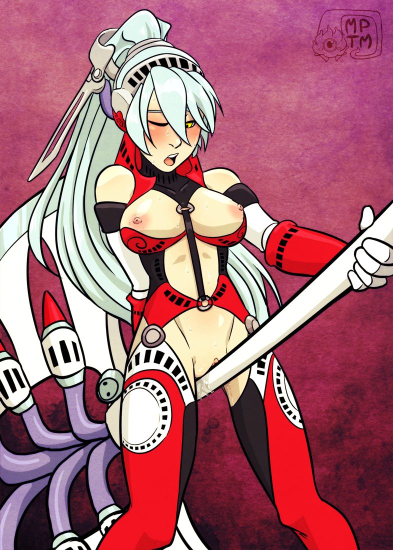 alternate_color artist_name axe blush bra breasts commission crotch_rub labrys large_breasts long_hair masturbation my_pet_tentacle_monster nipples no_panties one_eye_closed open_mouth persona persona_4:_the_ultimate_in_mayonaka_arena pink_background ponytail pussy pussy_juice shadow_(persona) shelf_bra solo sweat underwear watermark weapon yellow_eyes