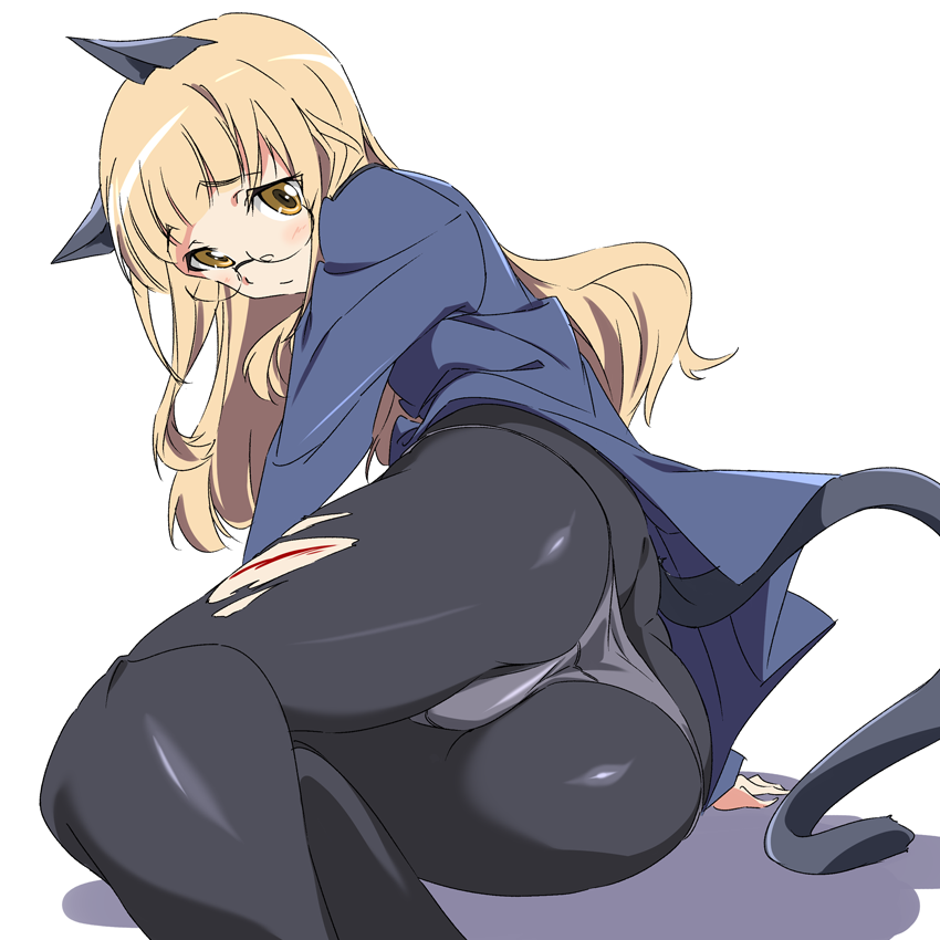 1girl animal_ears ass blonde_hair blood blush brown_eyes closed_mouth eyebrows_visible_through_hair female glasses long_hair looking_at_viewer panties pantyhose perrine_h_clostermann simple_background solo strike_witches tail torn_clothes torn_pantyhose umanosuke underwear wavy_hair white_background world_witches_series
