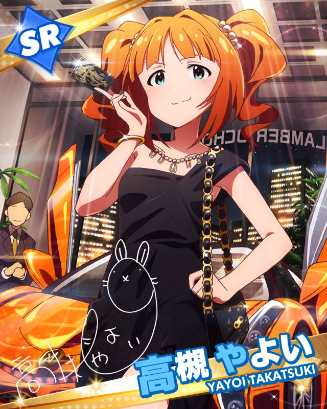 aqua_eyes bag bizarro black_dress bracelet brand_name_imitation brown_hair car character_name character_signature credit_card dress faceless faceless_male formal gold_trim ground_vehicle handbag idolmaster idolmaster_(classic) idolmaster_million_live! jewelry looking_at_viewer motor_vehicle necklace official_art smirk supercar takatsuki_yayoi twintails