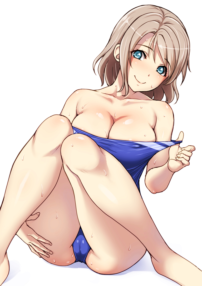1girl ass blue_eyes blue_swimsuit breasts brown_hair cameltoe cleavage closed_mouth commentary_request competition_swimsuit eyebrows_visible_through_hair highleg highleg_swimsuit highres large_breasts looking_at_viewer love_live! love_live!_school_idol_project love_live!_sunshine!! one-piece_swimsuit rokko shiny shiny_clothes shiny_hair shiny_skin short_hair simple_background sitting smile solo solo_focus swimsuit swimsuit_pull undressing watanabe_you wet white_background