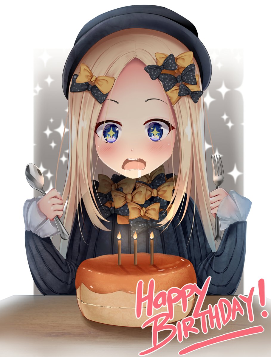 +_+ 1girl abigail_williams_(fate/grand_order) bangs black_bow black_dress black_hat blonde_hair blue_eyes blush bow burning candle dress drooling fate/grand_order fate_(series) fire forehead fork hair_bow happy_birthday hat holding holding_fork holding_spoon long_hair long_sleeves open_mouth orange_bow parted_bangs polka_dot polka_dot_bow puririn saliva sleeves_past_wrists solo sparkle spoon upper_body very_long_hair wavy_mouth