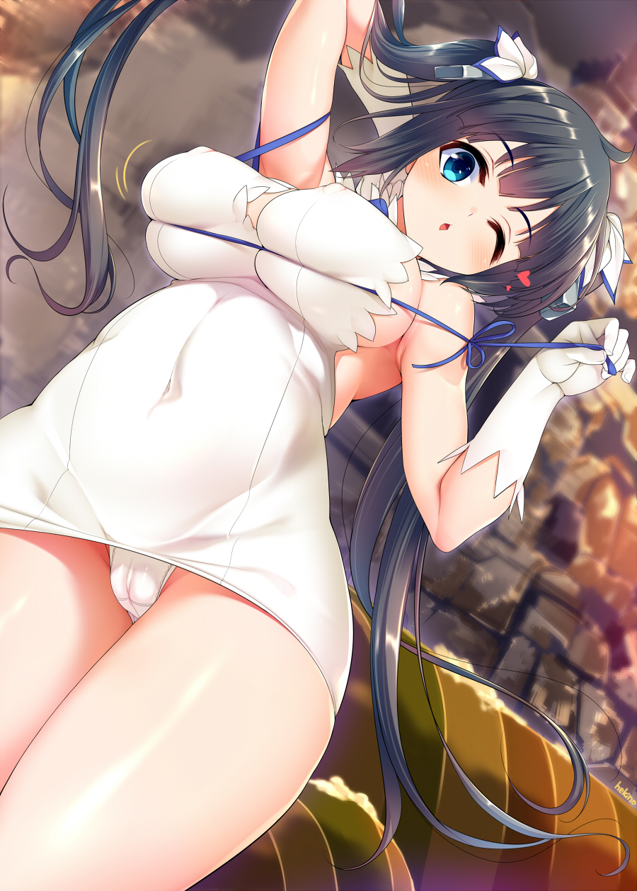 arms_up black_hair blue_eyes breasts cameltoe cleavage cleavage_cutout couch dragonmaterial dress dungeon_ni_deai_wo_motomeru_no_wa_machigatteiru_darou_ka gloves hair_ribbon hestia_(danmachi) highres large_breasts long_hair looking_at_viewer one_eye_closed open_mouth panties rei_no_himo ribbon solo twintails underwear white_dress white_gloves white_panties