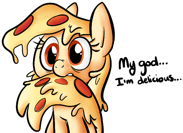 autocannibalism blonde_hair briskby cheese dialogue eating english_text equine fan_character female food hair horse mammal my_little_pony orange_body orange_eyes pepperoni pizza plain_background pony solo text white_background