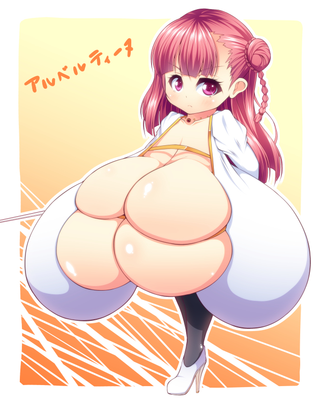 1girl blush breasts bursting_breasts deep_skin female gigantic_breasts high_heels katakuriko long_hair pink_eyes red_hair shiny shiny_skin solo standing