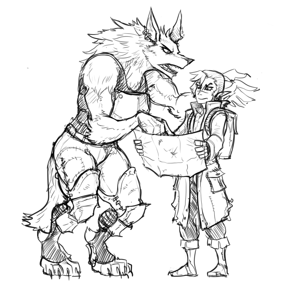 adele ambiguous_gender angry armor biceps black_and_white canine cyril digitigrade duo ear_piercing elf eyelashes guoh male mammal monochrome muscles piercing size_difference were werewolf