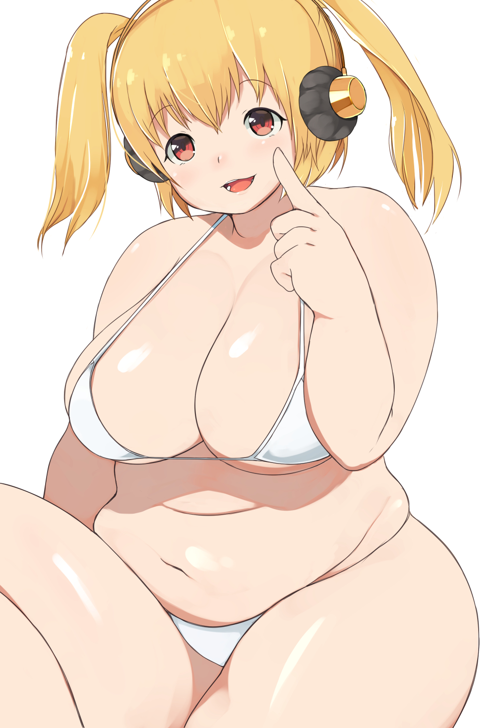 akitaka_(mcdonnell-douglas) bikini blonde_hair blush breasts cleavage headphones highres huge_breasts looking_at_viewer navel nitroplus open_mouth orange_eyes plump short_hair smile solo super_pochaco swimsuit twintails white_swimsuit