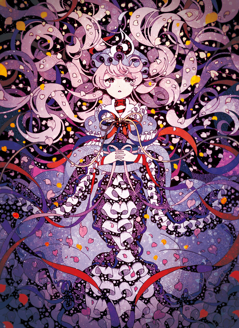 bug butterfly embellished_costume flat_color frilled_kimono frills hands_clasped hat insect interlocked_fingers japanese_clothes kasasagi07 kimono long_hair looking_at_viewer mob_cap own_hands_together parted_lips petals pink_eyes pink_hair ribbon saigyouji_yuyuko solo touhou triangular_headpiece very_long_hair