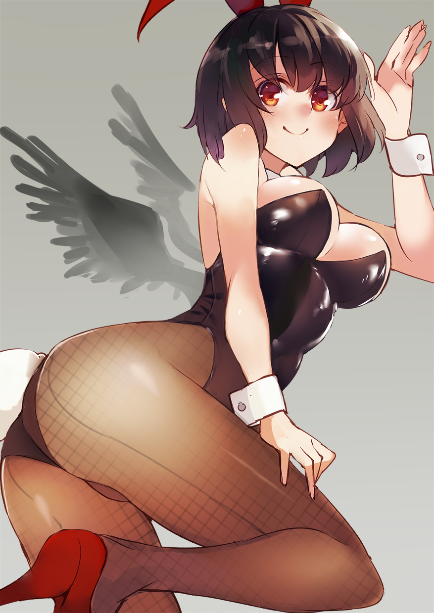 alternate_costume animal_ears ass back-seamed_legwear bare_shoulders black_hair black_leotard black_wings blush breasts brown_legwear bunny_girl bunny_tail bunnysuit closed_mouth commentary_request fake_animal_ears fishnet_pantyhose fishnets from_side hand_up high_heels highres ken_(coffee_michikusa) large_breasts leg_up leotard looking_at_viewer pantyhose red_eyes red_footwear revision seamed_legwear shameimaru_aya short_hair smile solo strapless strapless_leotard tail touhou wings wrist_cuffs