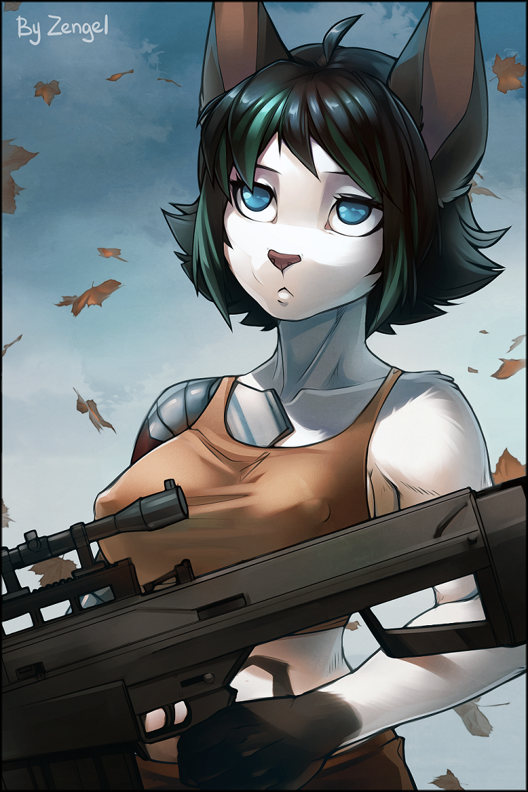 2015 anthro black_hair blue_eyes clothing feline female gun hair iskra leaves mammal ranged_weapon rifle shirt solo weapon