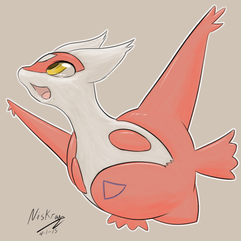 2015 cute dragon eyelashes female latias legendary_pok&eacute;mon nintendo niskran_(artist) open_mouth plain_background pok&eacute;mon red_feathers tongue video_games white_feathers yellow_eyes