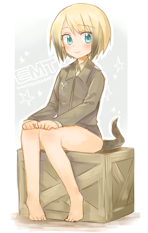 bare_legs barefoot blonde_hair blue_eyes blush brown_hair dog_tail erica_hartmann feet happy_birthday long_hair military military_uniform multicolored_hair sitting smile solo star strike_witches tail two-tone_hair uniform world_witches_series yukko