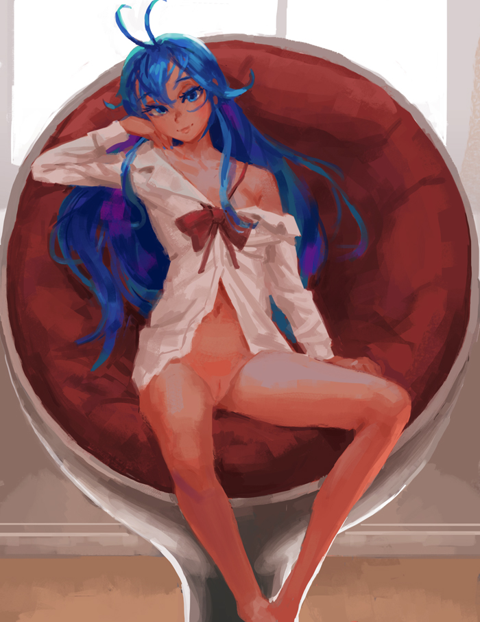 antenna_hair barefoot blue_eyes blue_hair bottomless chair denpa_onna_to_seishun_otoko doyora egg_chair flat_chest lips long_hair looking_at_viewer naked_shirt navel no_panties off_shoulder pussy shirt sitting smile solo touwa_erio uncensored