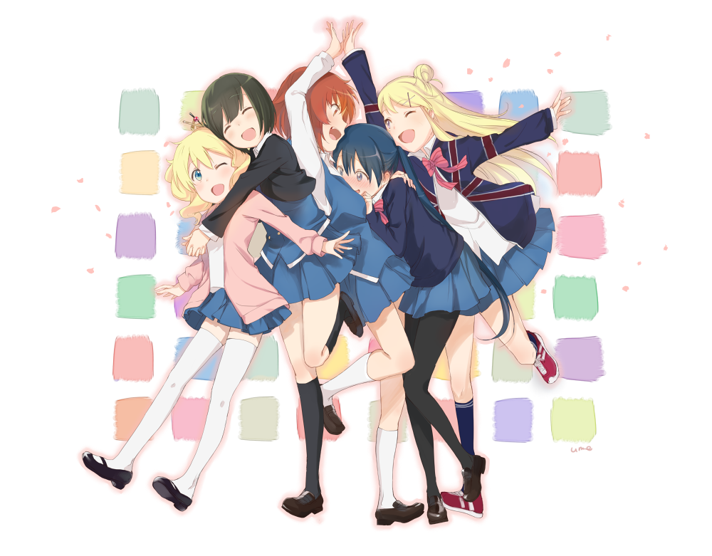 ;d alice_cartelet black_legwear blonde_hair blue_eyes blush girl_sandwich hair_ornament hairclip inokuma_youko kin-iro_mosaic komichi_aya kujou_karen loafers long_hair mary_janes multiple_girls one_eye_closed oomiya_shinobu open_mouth pantyhose sandwiched school_uniform shoes short_hair skirt smile sneakers thighhighs twintails ume_(plumblossom) white_legwear x_hair_ornament zettai_ryouiki