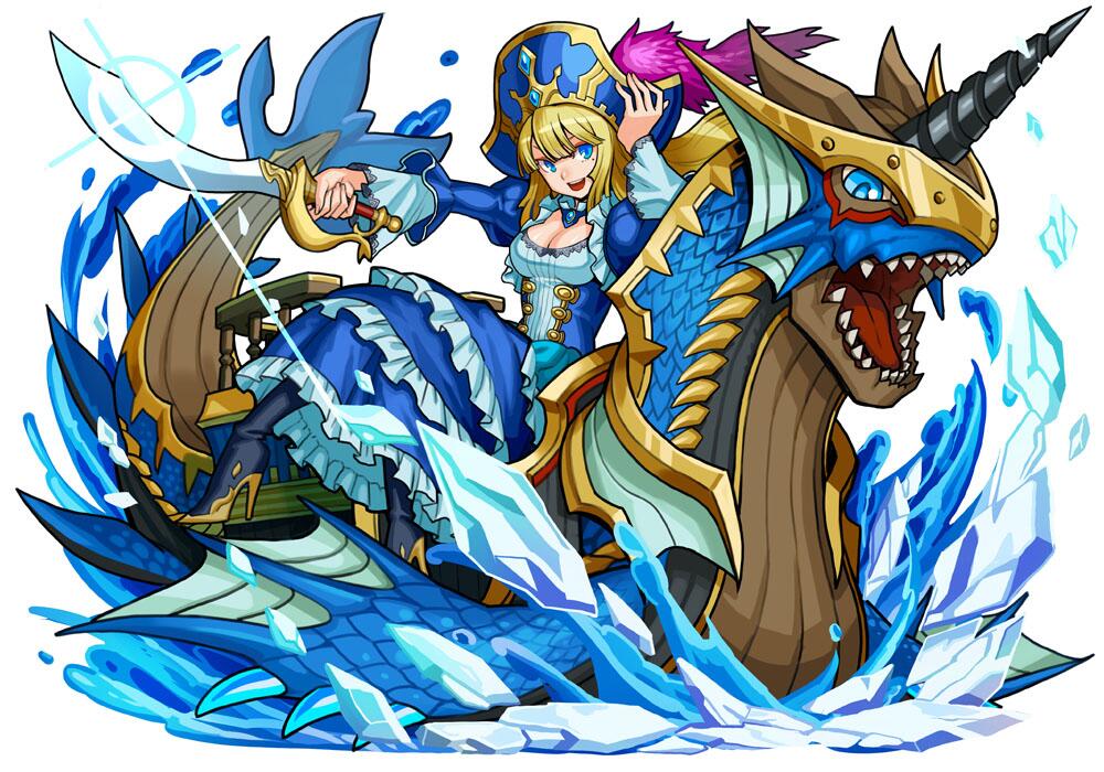 :d awilda_(p&amp;d) blonde_hair blue_eyes breasts cleavage dragon dress feathers full_body hand_on_headwear hat hat_feather high_heels hino_shinnosuke holding holding_sword holding_weapon long_hair long_sleeves medium_breasts mole mole_under_eye official_art open_mouth pirate pirate_hat puffy_long_sleeves puffy_sleeves puzzle_&amp;_dragons riding scimitar simple_background smile solo sword weapon white_background