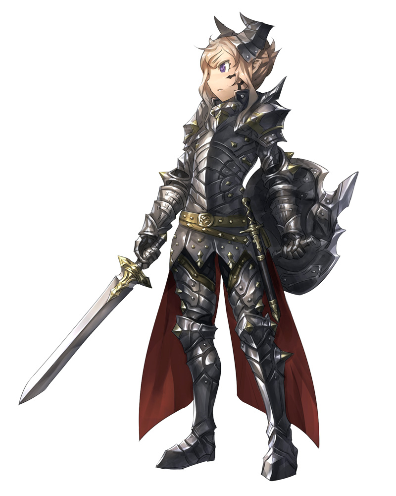 blonde_hair closed_mouth dagger holding holding_sword holding_weapon original purple_eyes shield shinazo solo sword tattoo weapon white_background
