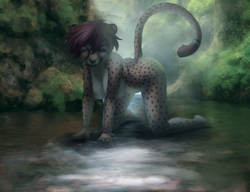 breasts cheetah feline female fionafortunecookie looking_at_viewer mammal nipples nude smile solo water