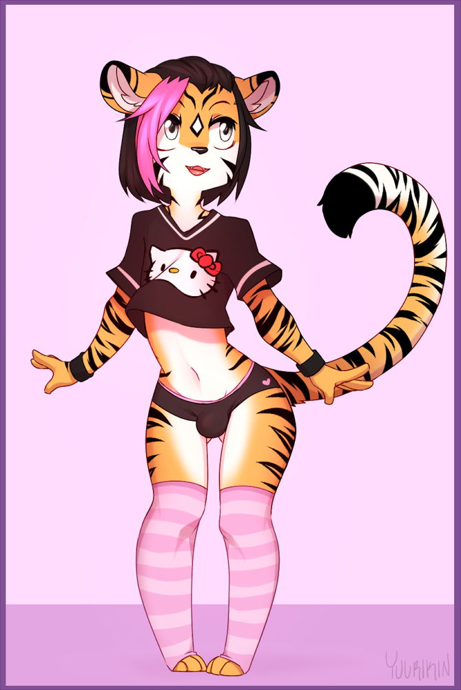 2015 anthro brown_hair bulge chibi clothing cute_fangs feline front_view girly grey_eyes hair hello_kitty legwear looking_away male mammal navel open_mouth pink_hair shirt short_shirt slayer_(slayerofpiggys) smile solo standing striped_legwear sweatband thigh_highs tiger two_tone_hair underwear wide_hips yuurikin