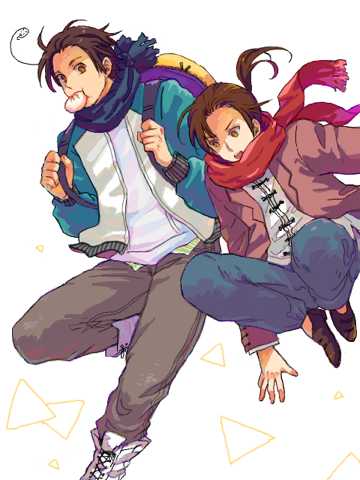 axis_powers_hetalia china_(hetalia) ishizaki_miwako jumping korea_(hetalia) lowres male_focus multiple_boys scarf