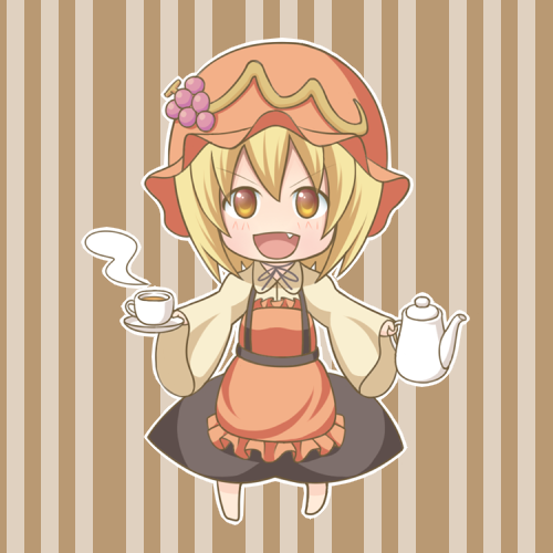 aki_minoriko azuma_takeshi_(andon_kandelaar) blonde_hair chibi cup fang hat lowres short_hair solo teacup teapot touhou yellow_eyes