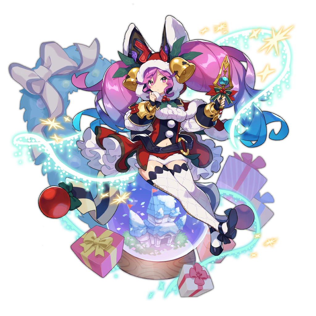 1girl artist_request box castle cleo_(dragalia_lost) dagger dragalia_lost gift gift_box gradient_hair hood long_hair looking_at_viewer midriff_cutout multicolored_hair non-web_source official_art pink_hair purple_eyes purple_hair ribbon santa_costume snow_globe solo thighhighs twintails weapon
