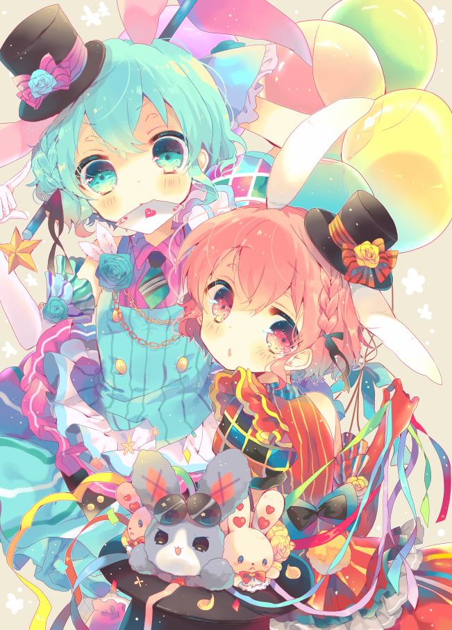 1girl ace animal_ears aqua_eyes aqua_hair bad_id bad_pixiv_id balloon blue_flower blue_rose bow braid brother_and_sister bunny_ears card card_in_mouth chain dorothy_west dress elbow_gloves flower gloves hat leona_west looking_at_viewer mini_hat mini_top_hat mouth_hold necktie nekoto_rina otoko_no_ko pink_eyes pink_hair playing_card pretty_(series) pripara red_gloves rose short_hair siblings single_elbow_glove streamers stuffed_animal stuffed_bunny stuffed_toy top_hat twins usagi_(pripara) white_gloves yellow_flower yellow_rose