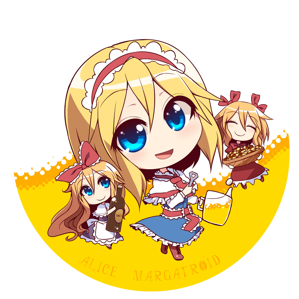 :d ^_^ alcohol alice_margatroid basket beer beer_mug blonde_hair blue_eyes blush boots bottle bottle_opener c: capelet character_name checkerboard_cookie chibi closed_eyes cookie cup dress food hairband happy head_tilt holding holding_cup hourai_doll kuresento looking_at_viewer multiple_girls open_mouth shanghai_doll short_hair smile touhou