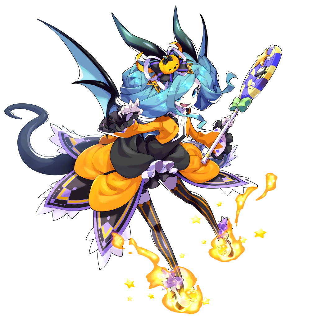 bat_wings dragalia_lost dress fang fire food_themed_hair_ornament hair_ornament hairstyle_request halloween_costume holding horns non-web_source official_art pumpkin_hair_ornament silke_(dragalia_lost) tail thighhighs wide_sleeves wings