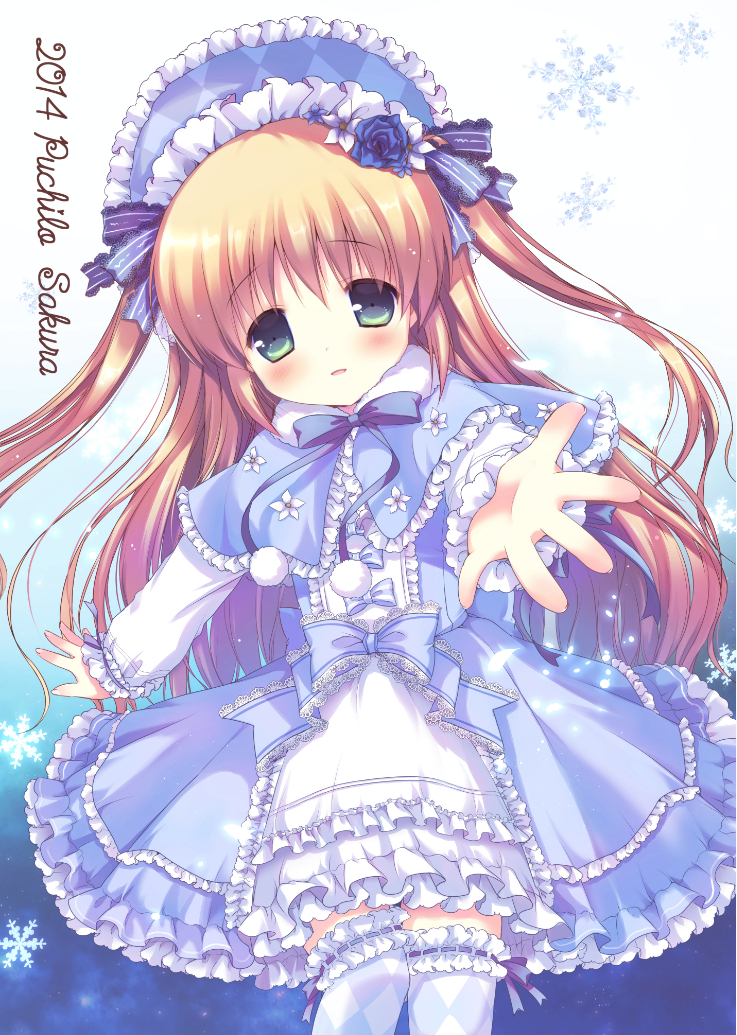 2014 argyle argyle_legwear artist_name blonde_hair blue_legwear blush dress frilled_dress frills green_eyes lolita_fashion long_hair original outstretched_hand sakura_puchirou solo thighhighs twintails white_legwear