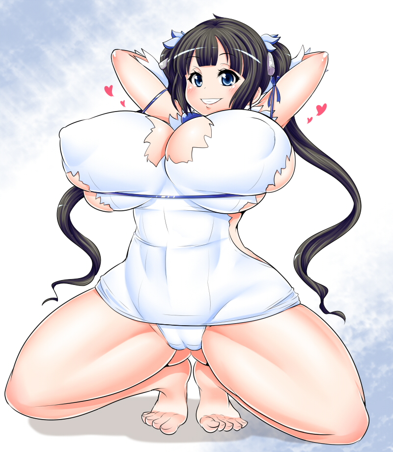 1girl arms_behind_head arms_up black_hair blue_eyes breasts curvy deep_skin dungeon_ni_deai_wo_motomeru_no_wa_machigatteiru_darou_ka feet female heart hestia_(danmachi) huge_breasts long_hair long_twintails panties puffy_nipples sina_and_d smile solo spread_legs squatting thick_thighs thigh_gap thighs toes torn_clothes twintails underwear