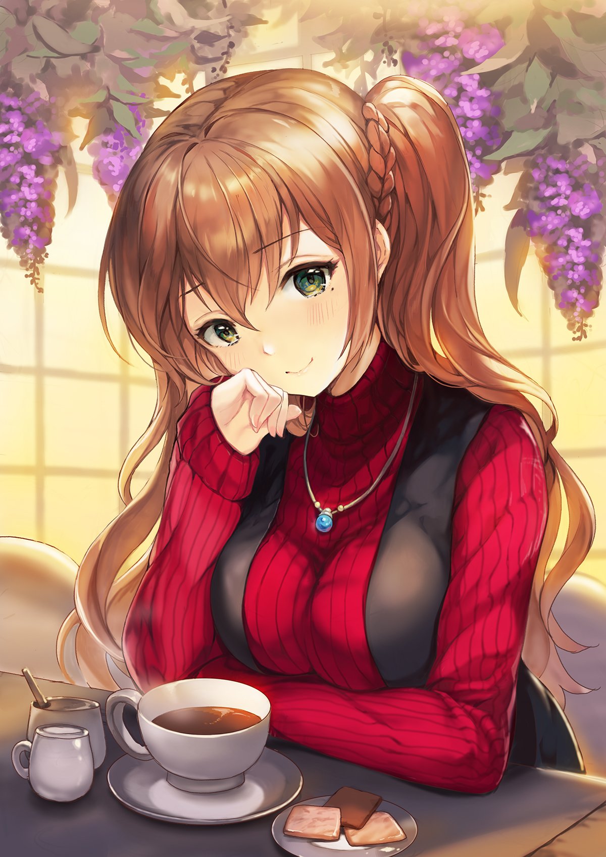1girl bangs blush brown_hair closed_mouth coffee cookie cup elbow_rest flower food green_eyes hair_between_eyes head_on_hand head_tilt highres indoors jewelry leaning_forward long_hair long_sleeves looking_at_viewer mole mole_under_eye necklace one_side_up original plate purple_flower red_sweater ribbed_sweater sapphire_(stone) saucer sibyl sidelocks sitting smile solo sugar sweater turtleneck turtleneck_sweater vest