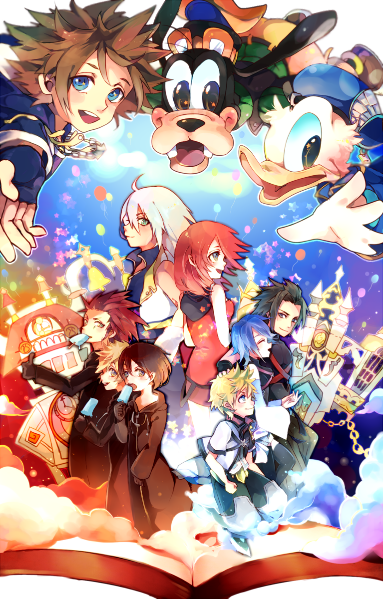 6+boys :d ahoge aqua_(kingdom_hearts) axel_(kingdom_hearts) beak beret black_coat black_coat_(kingdom_hearts) black_hair blonde_hair blue_eyes blue_hair book brown_hair building castle clock clock_tower commentary_request disney donald_duck eating fangs food furry goggles goggles_on_head goofy hat head_tilt highres holding ice_cream kairi_(kingdom_hearts) kingdom_hearts kingdom_hearts_358/2_days kingdom_hearts_birth_by_sleep kingdom_hearts_ii looking_at_viewer mouth_hold multiple_boys multiple_girls open_mouth organization_xiii pinko_(inazume-panko) popsicle red_hair riku round_teeth roxas smile smoke sora_(kingdom_hearts) standing teeth terra_(kingdom_hearts) tower ventus white_hair xion_(kingdom_hearts)