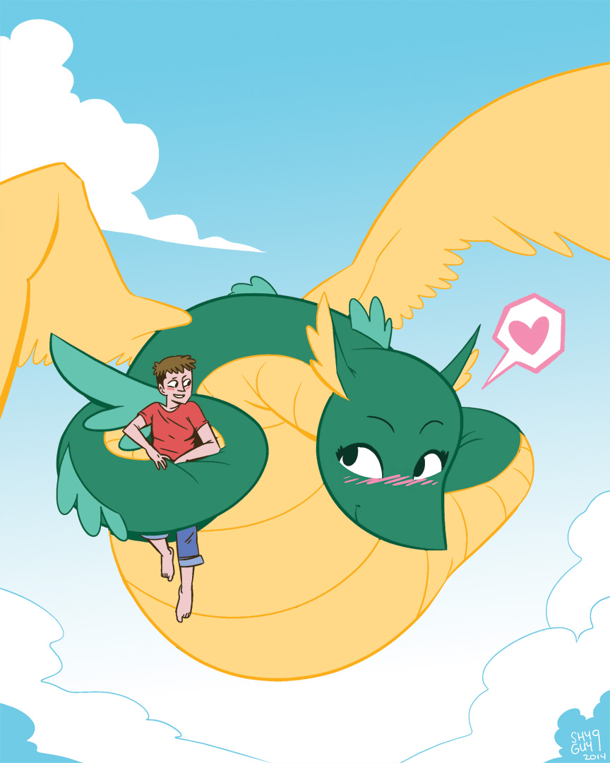 &lt;3 2014 ambiguous_gender blush clothed clothing cloud dragon duo flying green_scales human male mammal reptile scalie shyguy9 size_difference sky smile snake wings yellow_scales