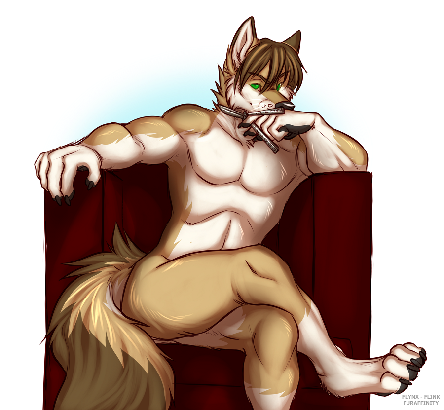 2015 anthro butterfly_knife canine claws coyote flynx-flink fur green_eyes hair looking_at_viewer male mammal mojavecoyote nude pinup pose smile solo