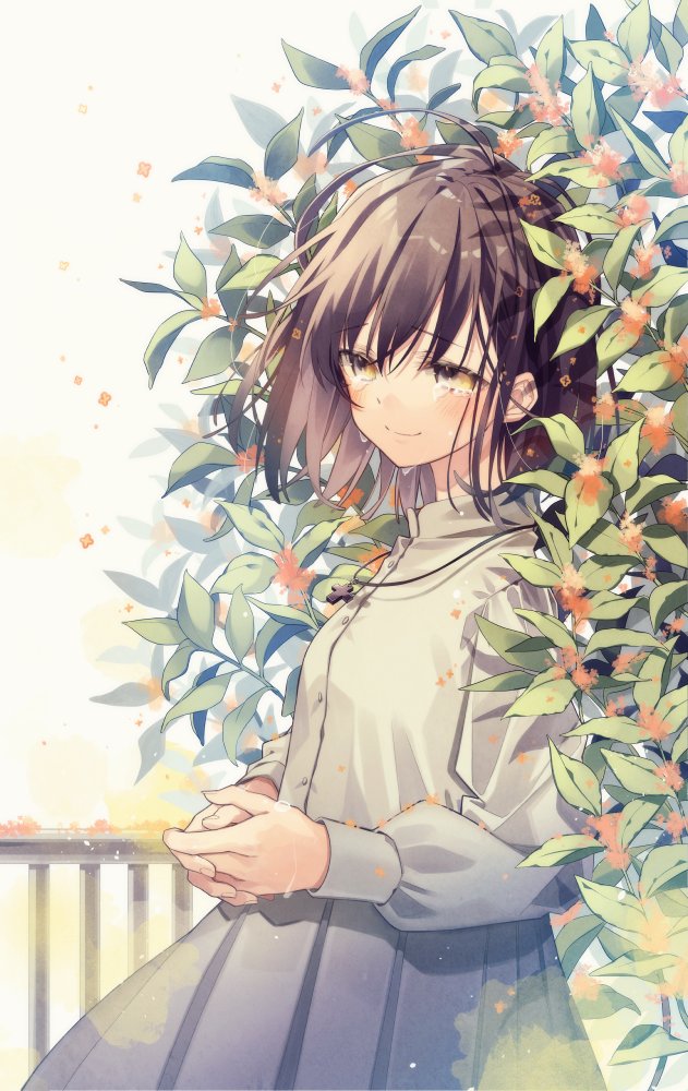 1girl bangs brown_hair bush closed_mouth commentary_request cross cross_necklace dress eyebrows_visible_through_hair flower grey_dress jewelry long_sleeves necklace original oshio_(dayo) own_hands_together railing red_flower short_hair smile solo tears yellow_eyes