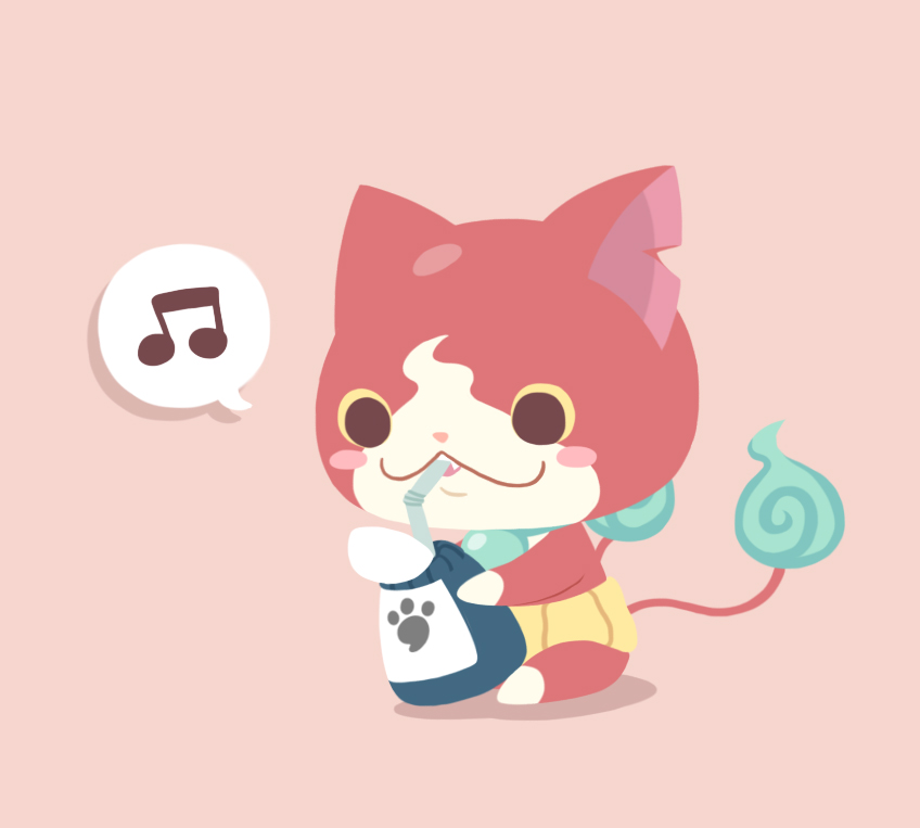 blue_fire blush_stickers cat chuno drinking drinking_straw fire haramaki jibanyan multiple_tails musical_note no_humans notched_ear simple_background sitting solo speech_bubble spoken_musical_note tail tail-tip_fire two_tails youkai youkai_watch