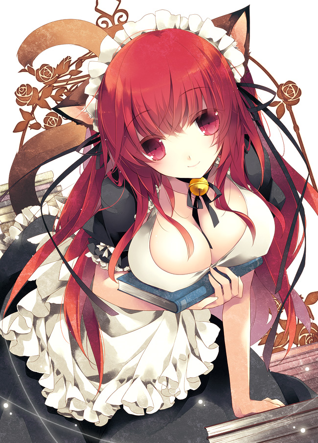 animal_ears bent_over book breast_hold breasts cat_ears cat_tail cleavage large_breasts long_hair looking_at_viewer maid maid_headdress mizuki_(hmndk) original red_eyes red_hair smile solo tail