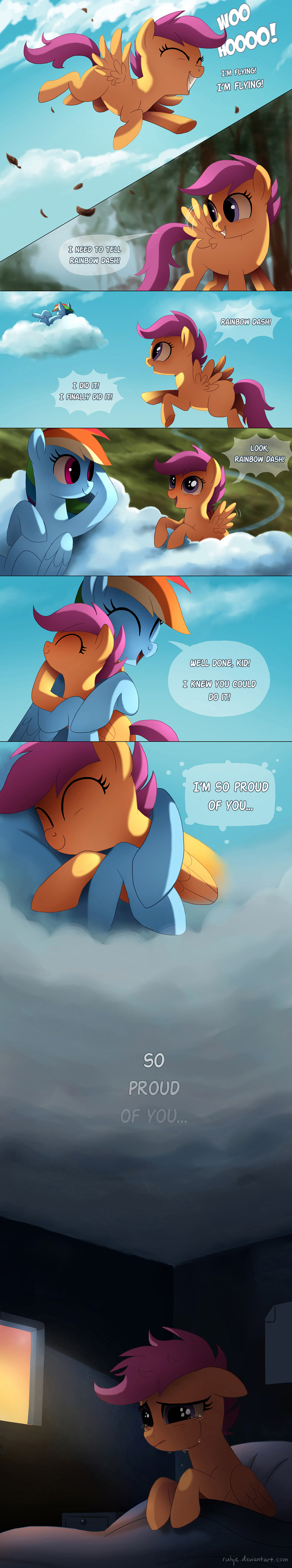 2015 comic crying dialogue dream english_text equine flying friendship_is_magic hug mammal my_little_pony pegasus rainbow_dash_(mlp) ruhje scootaloo_(mlp) tears text upset wings