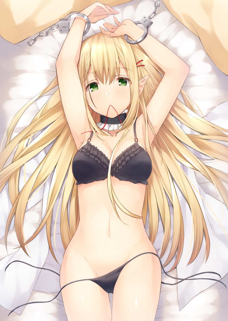 armpits arms_up bangs bare_arms bed_sheet black_bra black_choker black_panties blonde_hair bra breasts chain choker cleavage collarbone commentary_request cowboy_shot cuffs elf eyebrows_visible_through_hair frilled_bra frilled_choker frills green_eyes groin hair_between_eyes hair_ornament hair_spread_out hairclip handcuffs leyte long_hair long_sleeves looking_at_viewer lying medium_breasts mouth_hold navel on_back original panties pillow pointy_ears red_ribbon ribbon shirt shirt_removed side-tie_panties sidelocks solo underwear underwear_only untied untied_panties white_shirt